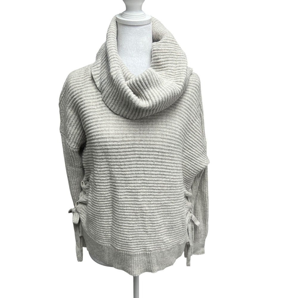 Cowl Neck Women's Sweater Sz M Oatmeal Lace Up Cottagecore Fall Chunky Neutral